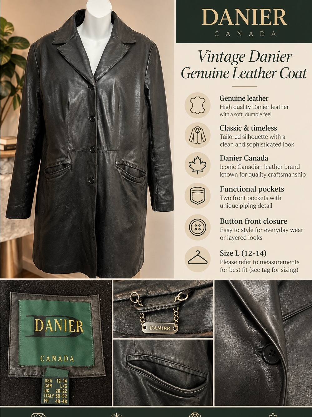 Danier Canada Vintage Black Genuine Leather Long Coat L